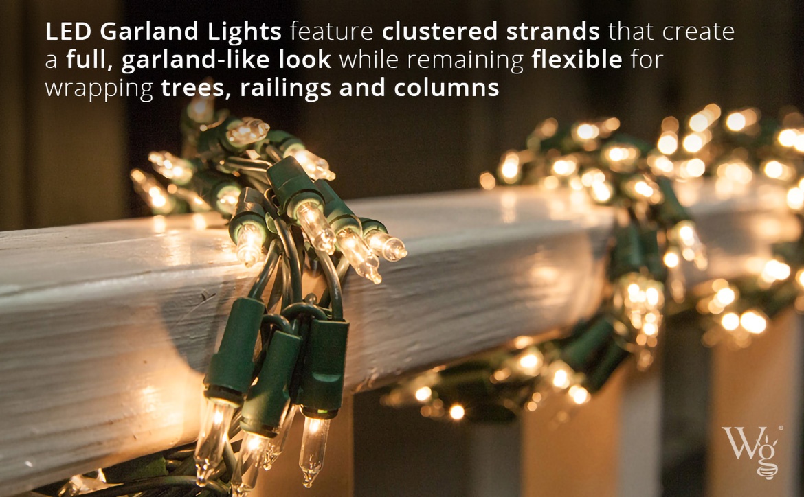 Green Wire LED Garland Lights on Railing warm white lights close up