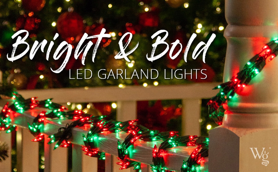 LED Garland lights on railing green and red led lights