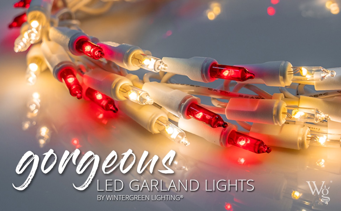 LED garland lights white wire close up
