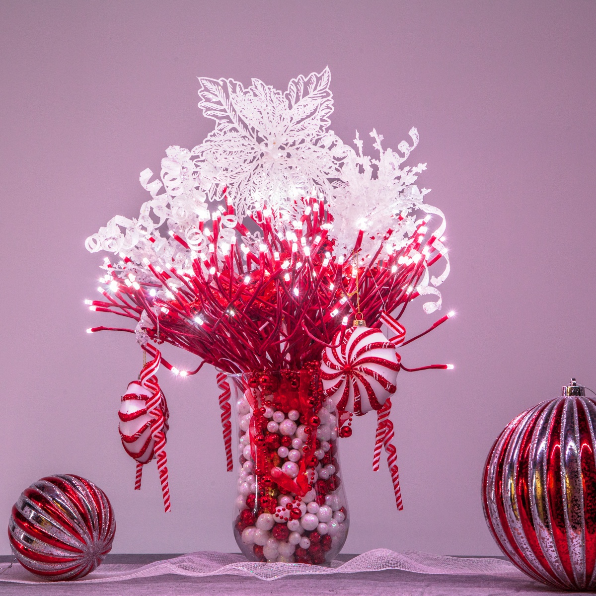 Candy Cane Themed Starburst Lighted Branch Christmas Flower Decoration