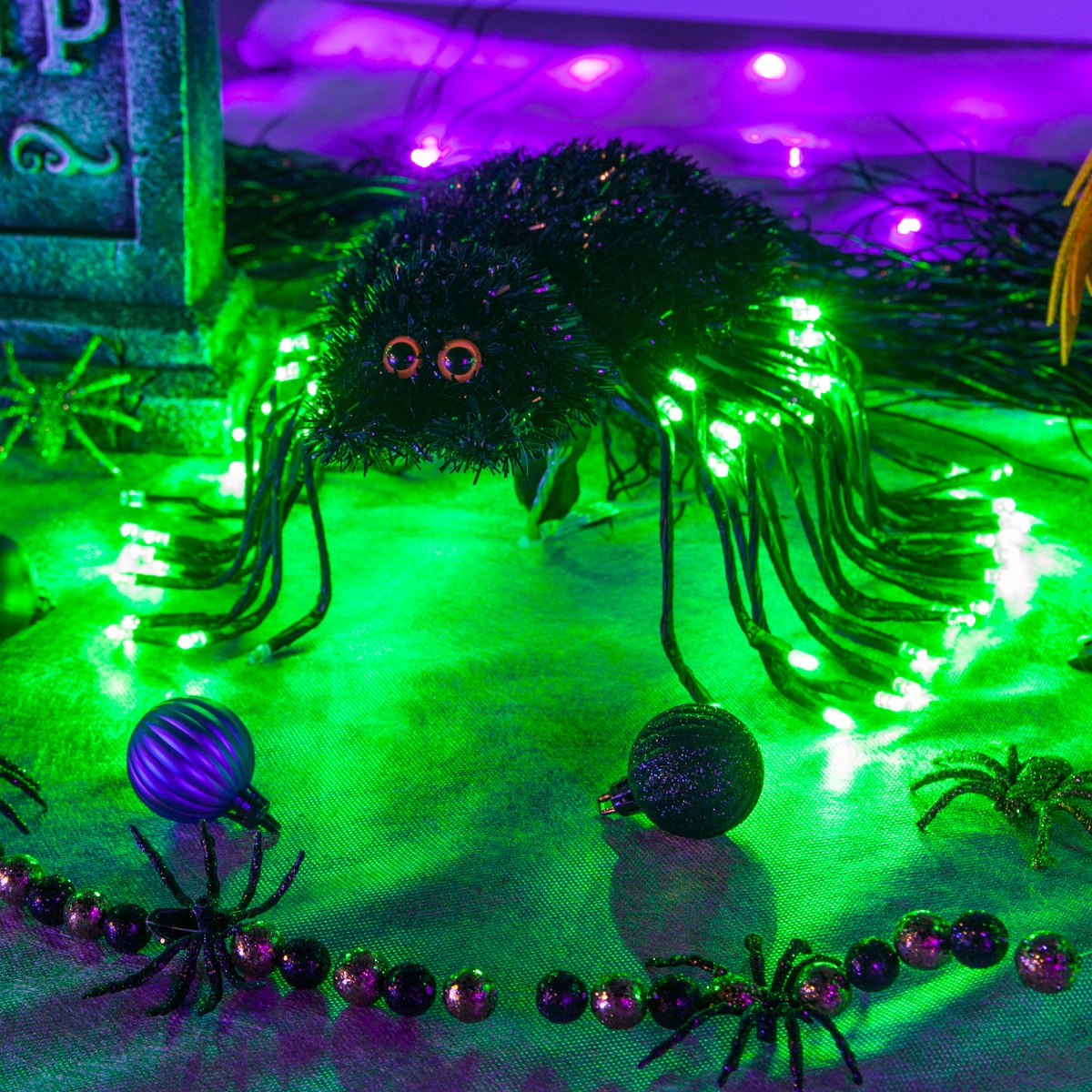 DIY Halloween Spider Decoration with LED Lighted Branches