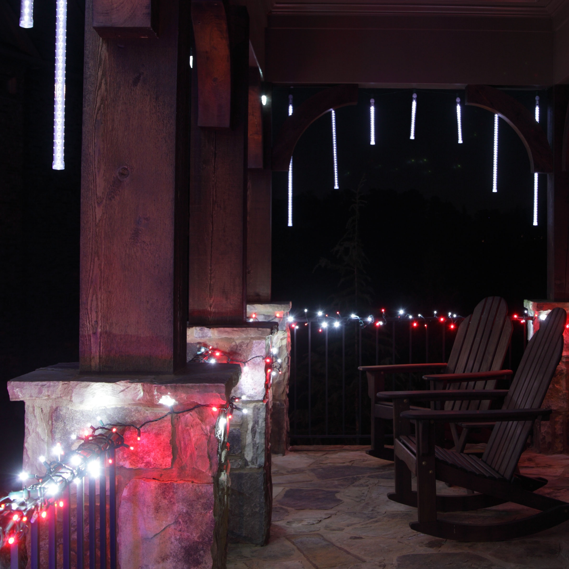 Grand Cascade Meteor Lights Hanging Across a Porch
