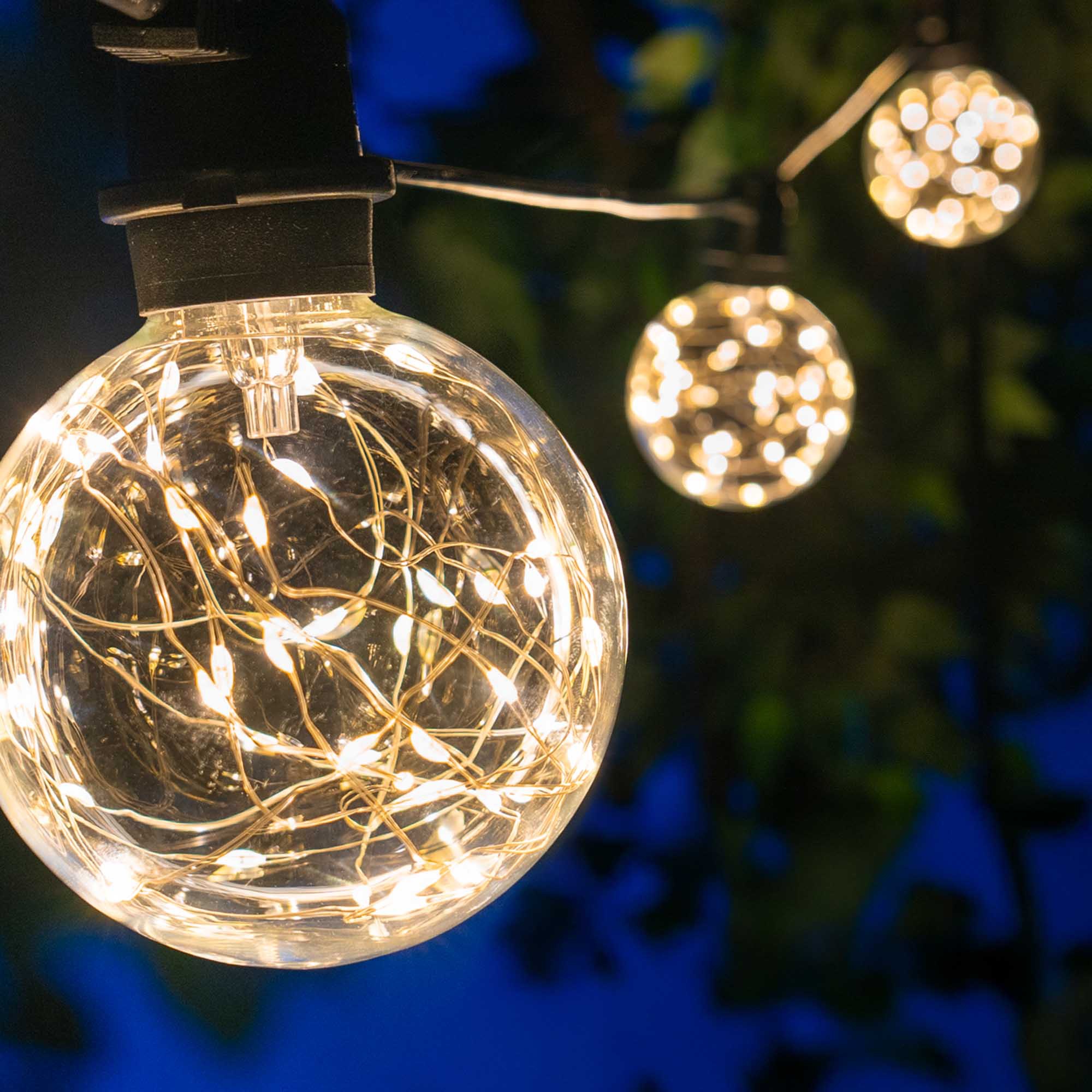 Patio Lights - Warm White LED Fairy Lights, G95 Bulbs on Black Wire