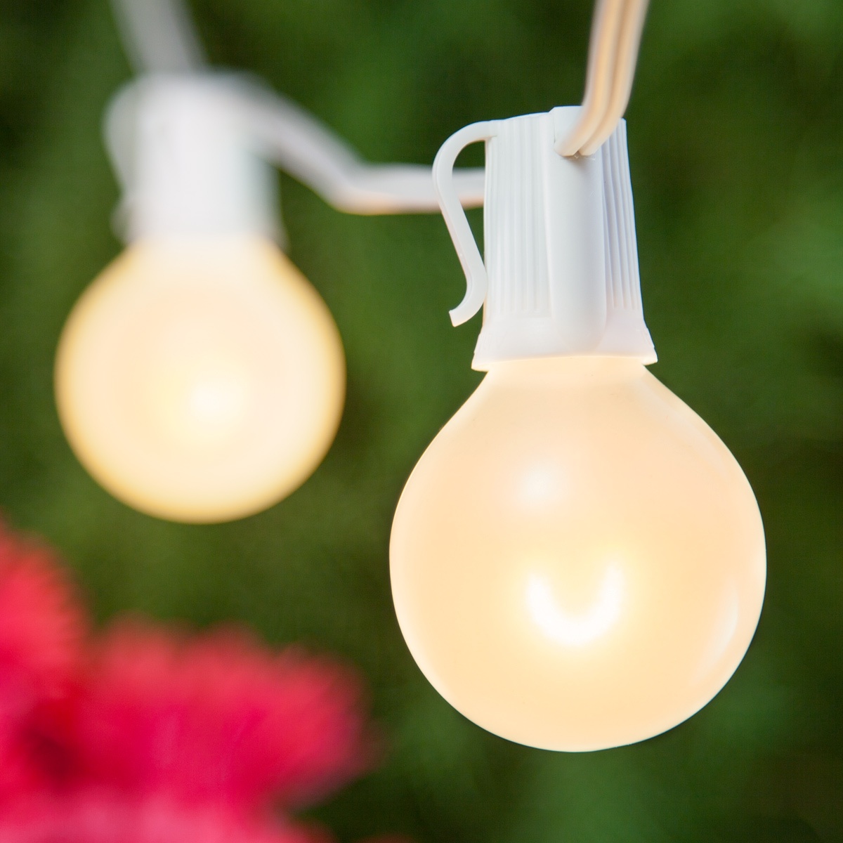 Patio Lights Warm White Satin LED Lights, 50 G50 E12 Bulbs White Wire