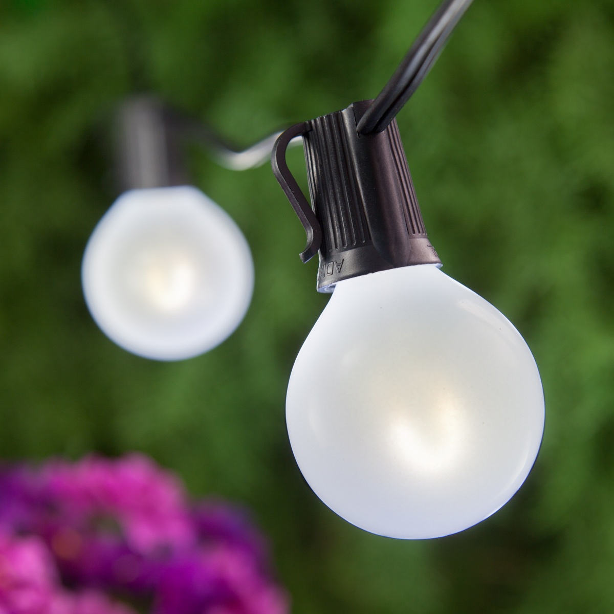 Patio Lights - Cool White Satin LED Lights, 25 G50 E17 Bulbs Black Wire
