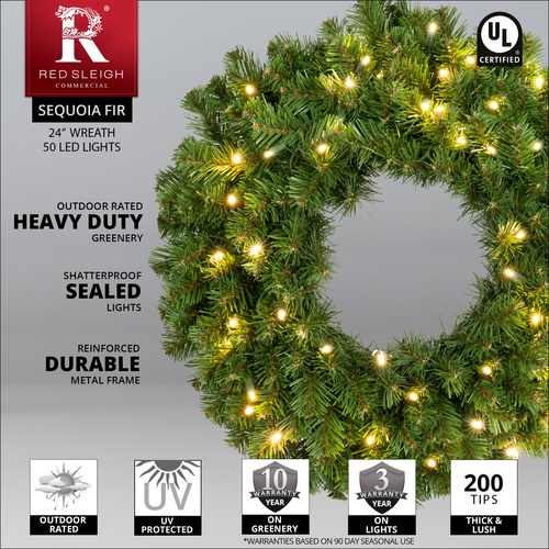 24" Pre-lit Commercial Sequoia Fir LED Christmas Wreath, 50 Warm White Lights