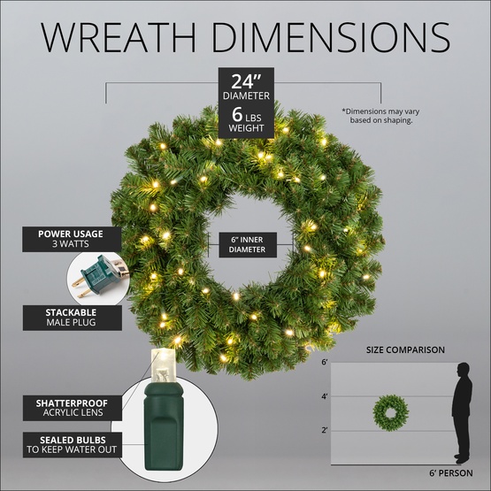 24" Pre-lit Commercial Sequoia Fir LED Christmas Wreath, 50 Warm White Lights