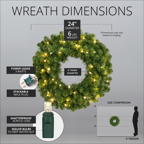 24" Pre-lit Commercial Sequoia Fir LED Christmas Wreath, 50 Warm White Lights