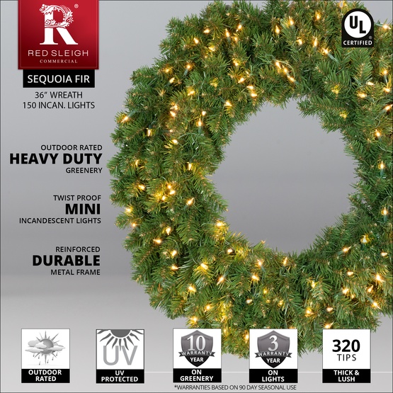 36" Pre-lit Commercial Sequoia Fir Christmas Christmas Wreath, 150 Clear Lights