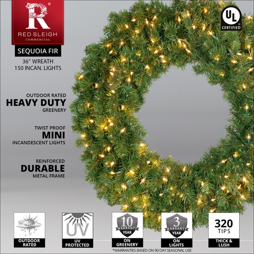 36" Pre-lit Commercial Sequoia Fir Christmas Christmas Wreath, 150 Clear Lights