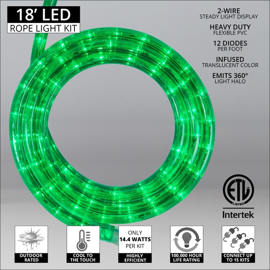 18' Green LED Rope Light, 2 Wire 1/2", 120 Volt