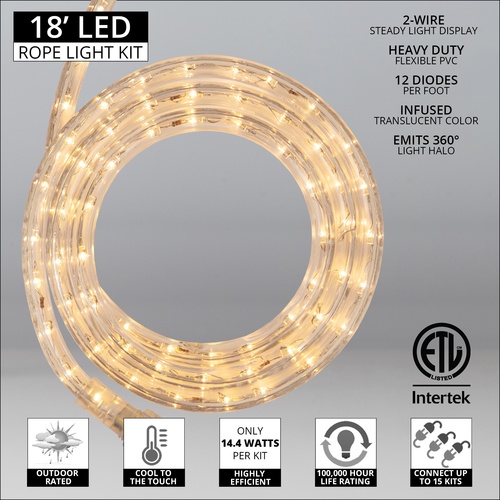 18' Warm White LED Rope Light, 2 Wire 1/2", 120 Volt
