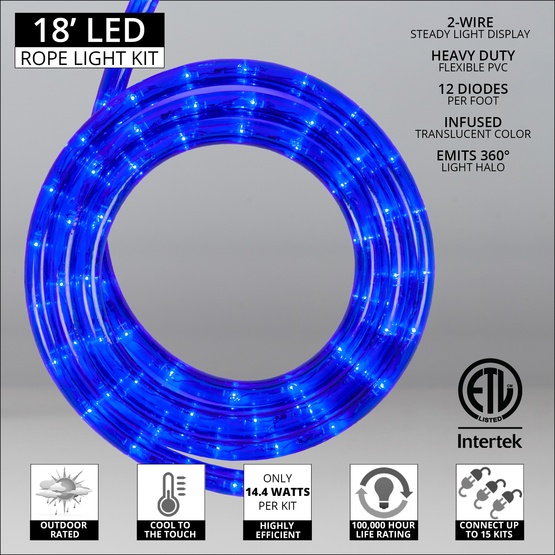 18' Blue LED Rope Light, 2 Wire 1/2", 120 Volt