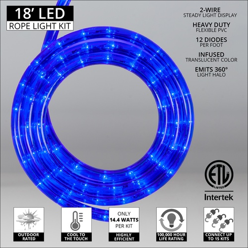 18' Blue LED Rope Light, 2 Wire 1/2", 120 Volt