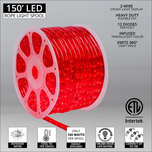 LED Rope Lights 150' Red LED Rope Light Commercial Spool, 120 Volt