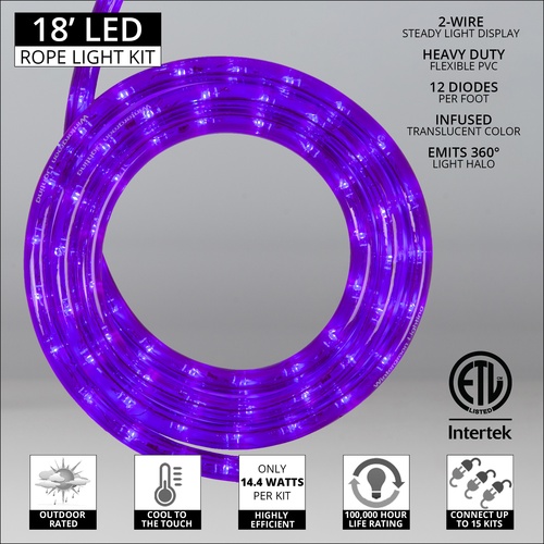 18' Purple LED Rope Light, 2 Wire 1/2", 120 Volt