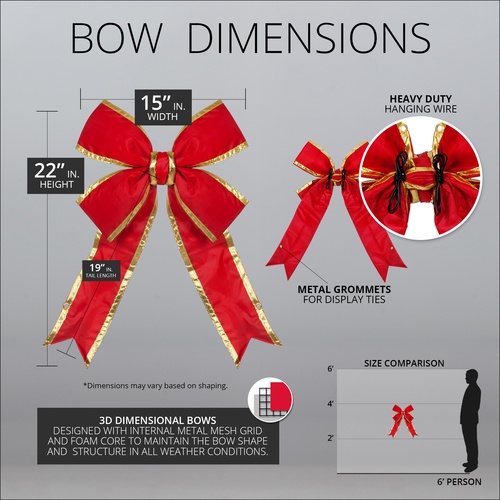 15" Red with Gold Trim Structural 3D Nylon Christmas Bow