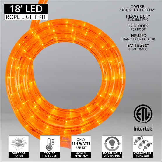 18' Orange LED Rope Light, 2 Wire 1/2, 120 Volt