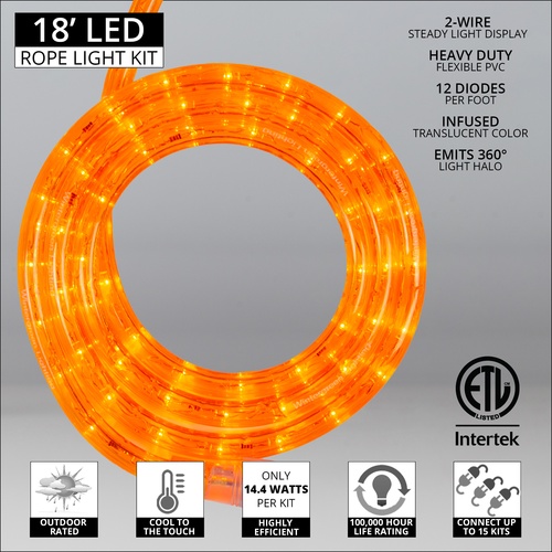 18' Orange LED Rope Light, 2 Wire 1/2, 120 Volt
