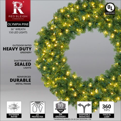 36" Pre-lit Commercial Olympia Pine LED Holiday Wreath, 150 Warm White Lights
