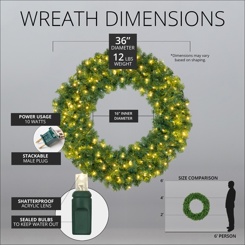 36" Pre-lit Commercial Olympia Pine LED Holiday Wreath, 150 Warm White Lights