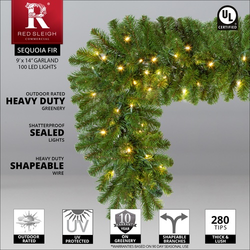9' x 14" Sequoia Fir Prelit Commercial LED Christmas Garland, 100 Warm White Lights
