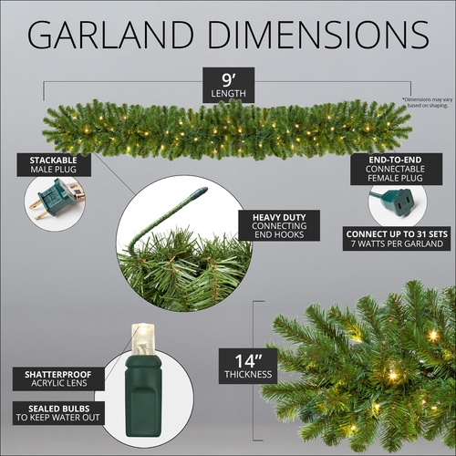 9' x 14" Sequoia Fir Prelit Commercial LED Christmas Garland, 100 Warm White Lights