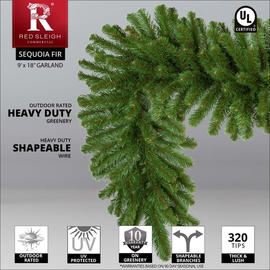 9' x 18" Sequoia Fir Prelit Commercial LED Christmas Garland, 100 Warm White Lights