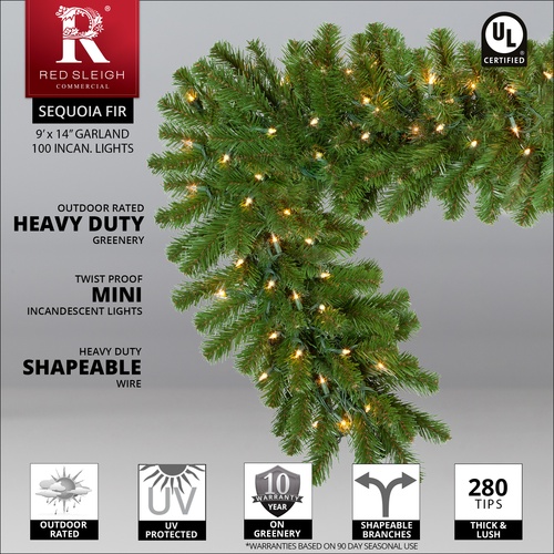 9' x 14" Sequoia Fir Prelit Commercial Christmas Garland, 100 Clear Lights