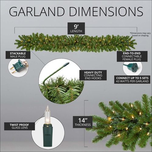 9' x 14" Sequoia Fir Prelit Commercial Christmas Garland, 100 Clear Lights