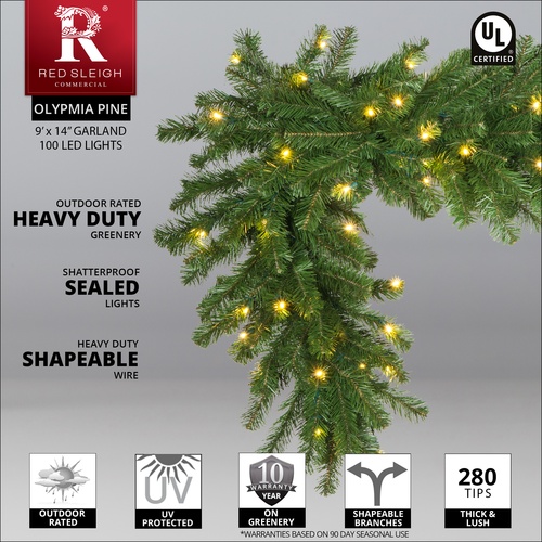 9' x 14" Olympia Pine Prelit Commercial LED Christmas Garland, 100 Warm White Lights