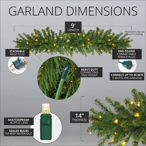 9' x 14" Olympia Pine Prelit Commercial LED Christmas Garland, 100 Warm White Lights