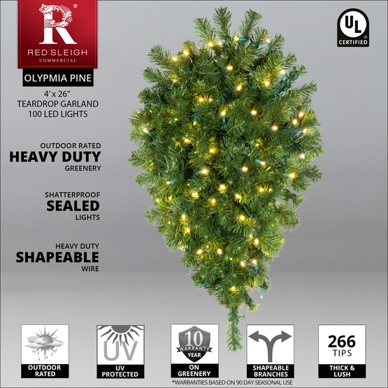4' x 26" Olympia Pine Prelit Commercial LED Teardrop Christmas Greenery, 100 Warm White Lights