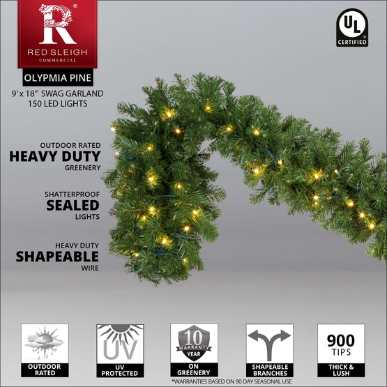 9' x 18" Olympia Pine Prelit Commercial LED Swag Christmas Garland, 150 Warm White Lights