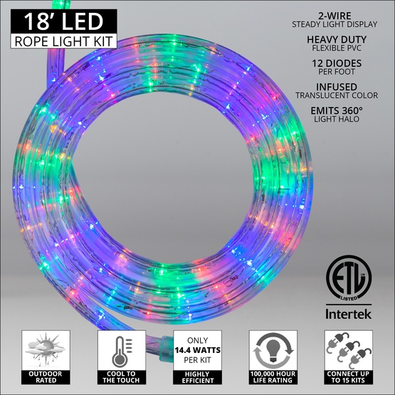 18' Multi: Red, Blue, Green, Yellow LED Rope Light, 2 Wire 1/2", 120 Volt