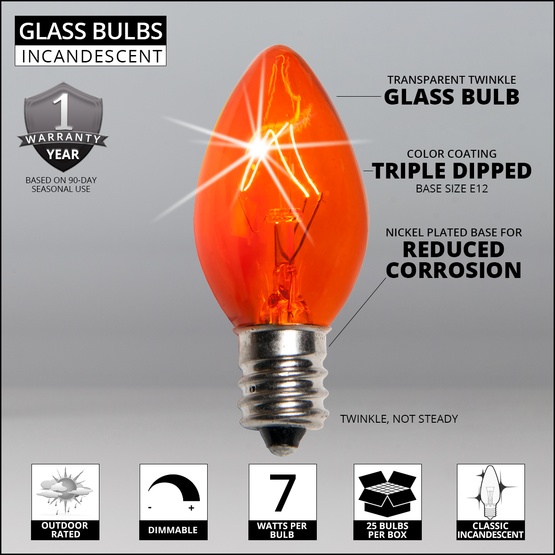 C7 Twinkle Amber / Orange Christmas Light Bulbs, 7 Watt
