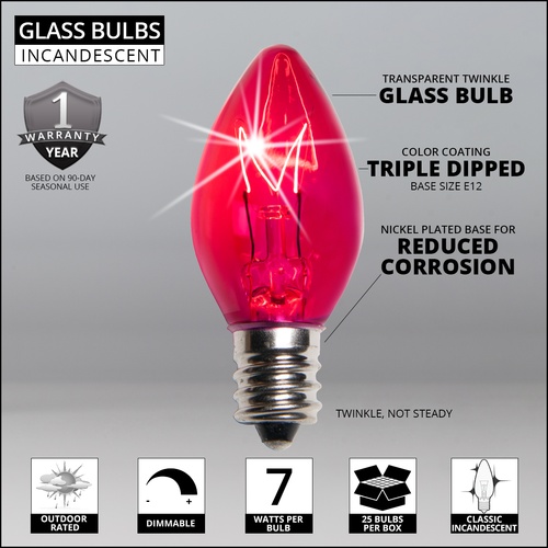 C7 Christmas Light Bulb C7 Twinkle Pink Christmas Light Bulbs, 7 Watt