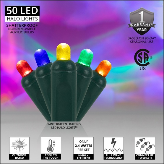 50 LED Halo Multi Color Christmas Lights, 4" Spacing