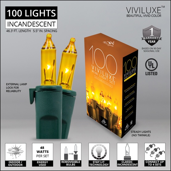 100 Viviluxe TM Gold Christmas Mini Lights, 5.5" Spacing, Green Wire