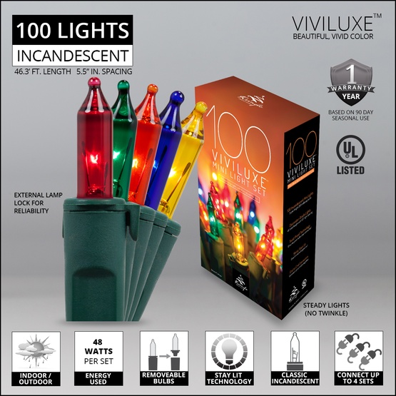 100 Viviluxe TM Multi Color Christmas Mini Lights, 5.5" Spacing, Green Wire