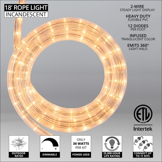 18' Clear Rope Light, 2 Wire 1/2", 120 Volt