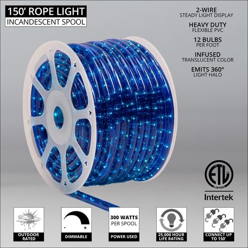 Rope Light 150' Blue Rope Light Commercial Spool, 120 Volt