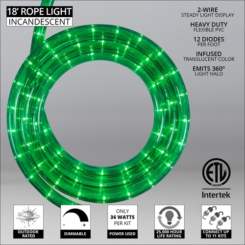 18' Green Rope Light, 2 Wire 1/2", 120 Volt