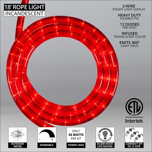 Rope Lighting 18' Red Rope Light, 120 Volt