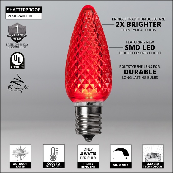 Kringle Traditions TM C9 120V Dimmable Red LED Christmas Light Bulbs