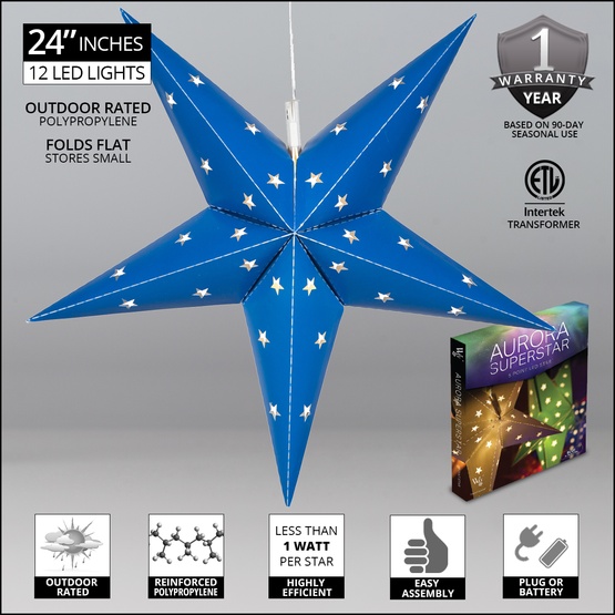 24" LED Aurora Superstar TM Fold-Flat Blue 5 Point Star Light, Outdoor Rated 