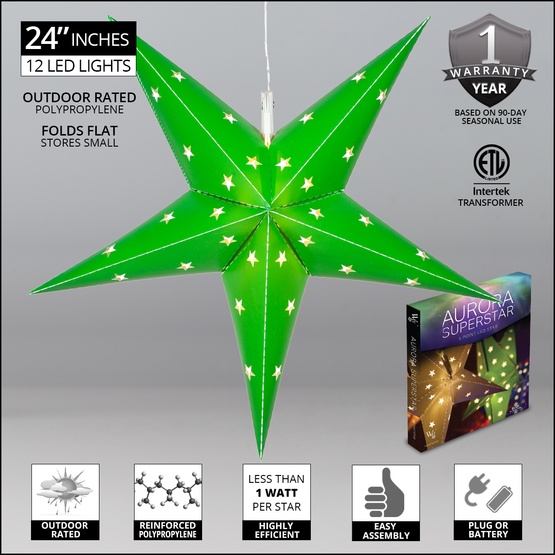 24" LED Aurora Superstar TM Fold-Flat Green 5 Point Star Light, Outdoor Rated 