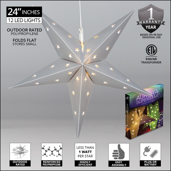 24" LED Aurora Superstar TM Fold-Flat Silver 5 Point Star Light, Outdoor Rated 