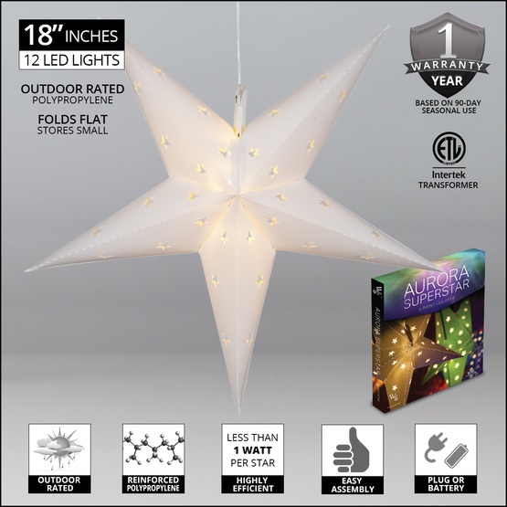 18" LED Aurora Superstar TM Fold-Flat White 5 Point Star Light, Outdoor Rated 