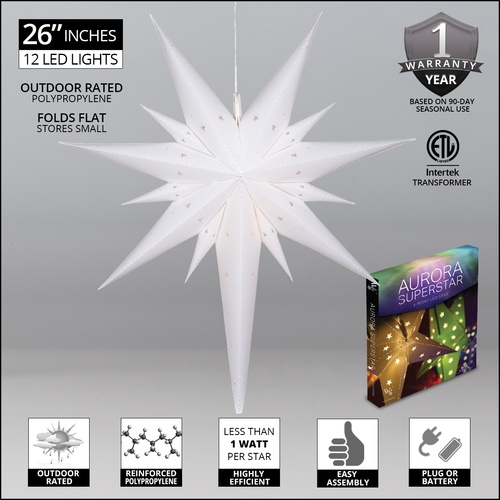 26" LED Aurora Superstar TM Fold-Flat White Bethlehem Star Light, Outdoor Rated 
